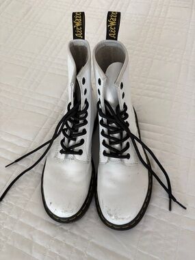 Dr Martens- White Leather Combat Boots with Black Laces and Yellow Stitching